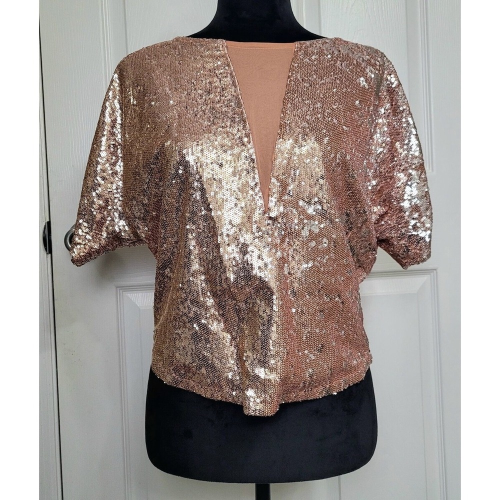 Aryn K Women's Pinkish/Orange Sequin Short Sleeve Top Party Cocktail Size‎ M NWT